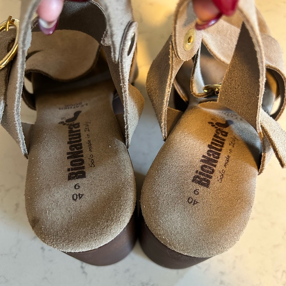 BioNatura Suede Leather Platform Heeled Sandals in Taupe Size 9/40 - Picture 5 of 12